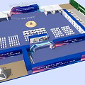 Large Event Venue Layout With Blue Theme Stage Seating Booths And Entrance Arch