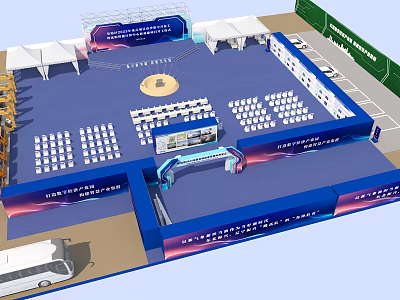 Large Event Venue Layout With Blue Theme Stage Seating Booths And Entrance Arch 3d model