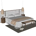 Double Bed With Woven Headboard White Bedding Beige Throw Wooden Nightstands Pendant Lights Foot Bench