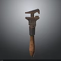 Rusty Vintage Pipe Wrench Tool With Metal Body And Wooden Handle