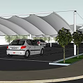 White Canopy Structure Covering Parking Area With Multiple Cars And Support Poles