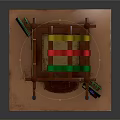 Cartoon Style Two Story Building Scene With Yellow Green Walls Colorful Cloths And Patterned Rug