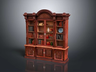 Vintage Solid Wood Bookcase With Carved Design Shelves Storage Boxes Books And Decorative Plate 3d model