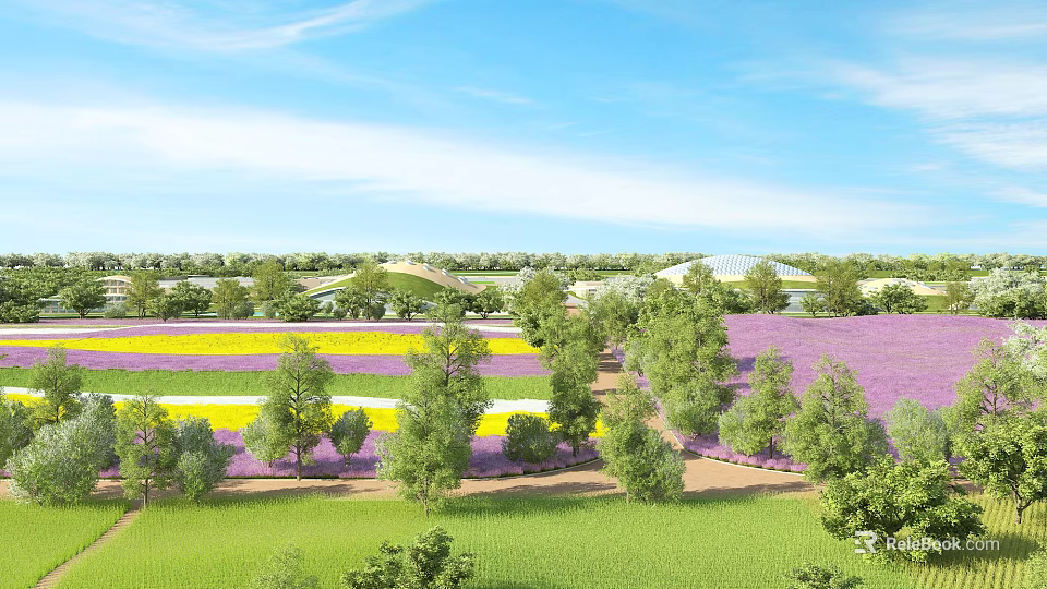 Scenic Rural Flower Fields With Purple Yellow Blooms Green Trees Blue Sky And Path 3d model 