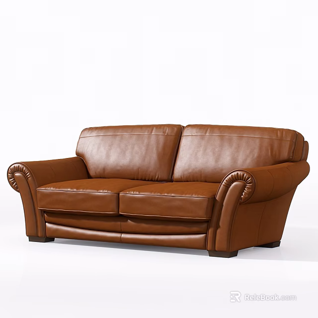 Classic Brown Leather Two Seater Sofa With Rolled Armrests And Comfortable Design 3d model