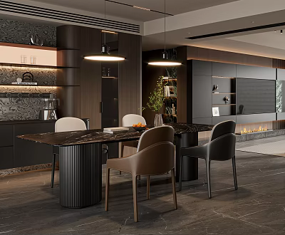 Upscale Modern Dining Table Set With Marble Tabletop And Comfortable Upholstered Chairs For Elegant Interiors 3d model