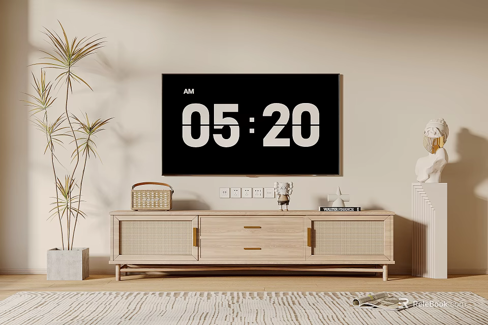 Wooden TV Stand with Rattan Doors Drawers TV Potted Plant and Decorative Statue 3d model 