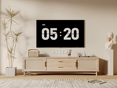 Wooden TV Stand with Rattan Doors Drawers TV Potted Plant and Decorative Statue 3d model