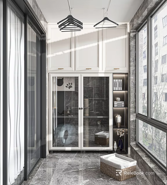 Elegant Modern Home Balcony Design With Glass Door Storage Cabinets And Marble Wall 3d model 