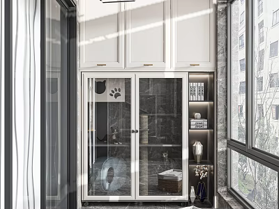 Elegant Modern Home Balcony Design With Glass Door Storage Cabinets And Marble Wall 3d model