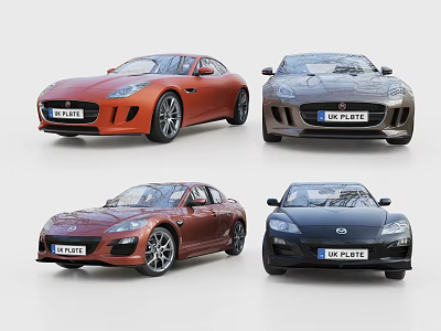 Four Stylish Sports Cars In Various Colors And Designs On White Background 3d model