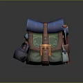 Green Backpack With Brown Straps Blue Top Orange Buckle Decorative Patterns And Tools Axe Shovel