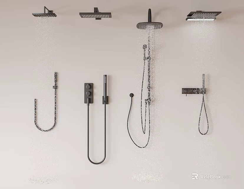 Modern Black Shower Heads With Rainfall And Handheld Sprayers Wall Mounted Design 3d model 