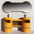 Orange Supreme Double Sink Washbasin With Round Mirror And White Shelf Design
