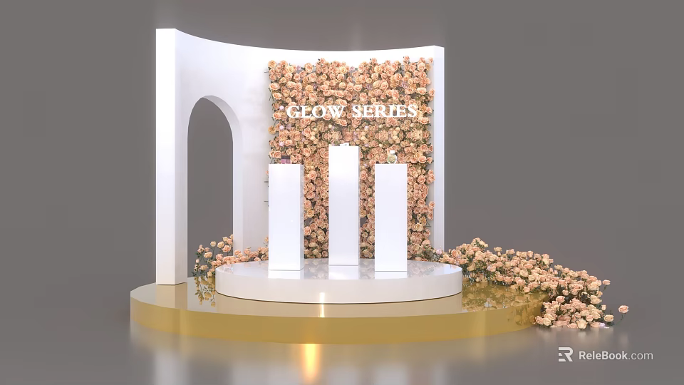 Elegant Floral Display With White Curved Structure Pink Flower Wall White Pillars And Golden Platform 3d model 