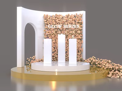 Elegant Floral Display With White Curved Structure Pink Flower Wall White Pillars And Golden Platform 3d model