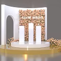 Elegant Floral Display With White Curved Structure Pink Flower Wall White Pillars And Golden Platform