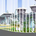 Modern Square Landscape With Curved Glass Architectural Structures Water Feature And Lush Greenery