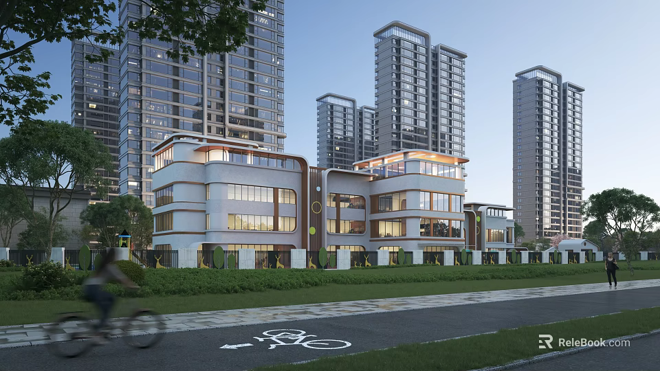 Modern School Building Featuring Multiple Floors Glass Facades Bicycle Lane And Greenery Near Tall Buildings 3d model 