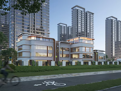 Modern School Building Featuring Multiple Floors Glass Facades Bicycle Lane And Greenery Near Tall Buildings 3d model