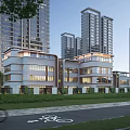 Modern School Building Featuring Multiple Floors Glass Facades Bicycle Lane And Greenery Near Tall Buildings