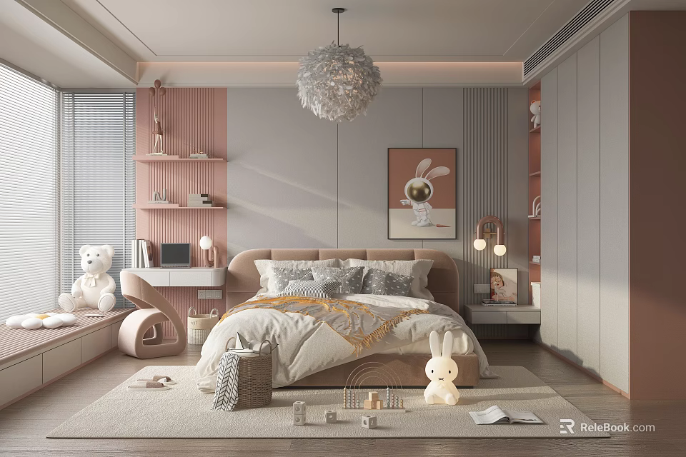Cozy Pink Kids Room Interior With Bed Teddy Bear Bunny Art Shelves And Chandelier 3d model 