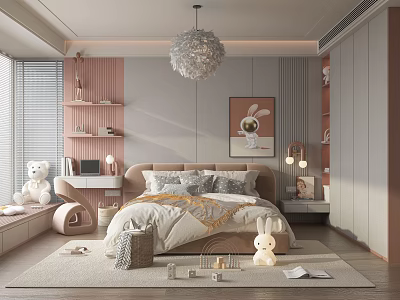 Cozy Pink Kids Room Interior With Bed Teddy Bear Bunny Art Shelves And Chandelier 3d model