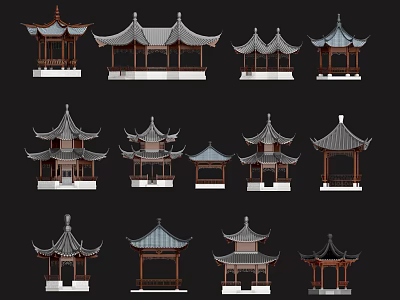 Various Chinese Traditional Pavilion Designs With Classic Roof And Wooden Structures 3d model