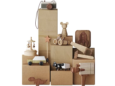 Wooden Decorative Ornament Set With Camera Bear Carousel Car Cow Dinosaur On Stacked Cardboard Boxes 3d model