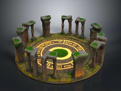 Ancient Circular Ruin Structure With Moss Covered Stone Pillars Central Green Grass And Yellow Ground Patterns 3d model