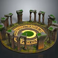 Ancient Circular Ruin Structure With Moss Covered Stone Pillars Central Green Grass And Yellow Ground Patterns