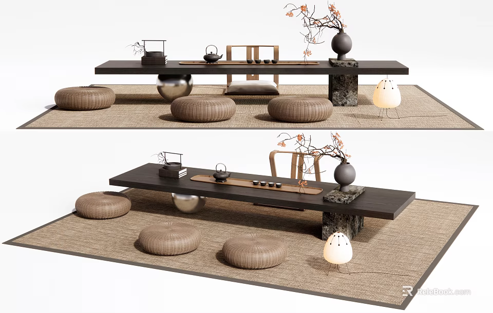 Zen Style Tea Table With Floor Cushions Tea Sets Vase And Lanterns 3d model