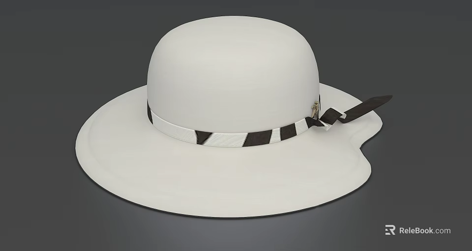 White Wide Brim Hat With Black And White Striped Band And Decorative Buckle 3d model 
