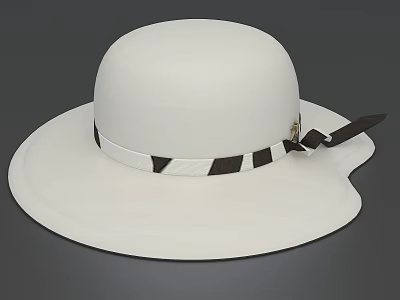 White Wide Brim Hat With Black And White Striped Band And Decorative Buckle 3d model