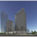 Modern High Rise Office Building With Glass Curtain Wall Urban Landscape Road Vehicles And Trees
