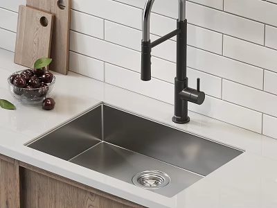 Stainless Steel Kitchen Sink With Black Faucet On White Tiled Wall Countertop 3d model