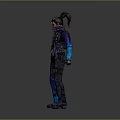 3D Male Character Model with Blue Black Armor Unique Hairstyle and Metallic Details