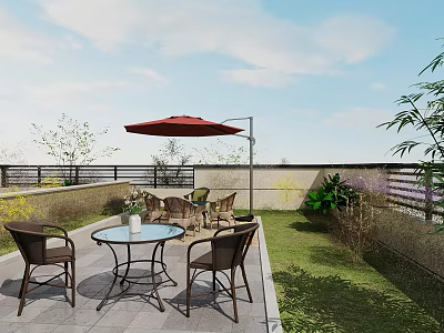 Courtyard Garden Design With Outdoor Table Chairs Red Umbrella Paved Floor And Lawn 3d model