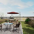 Courtyard Garden Design With Outdoor Table Chairs Red Umbrella Paved Floor And Lawn