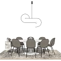 Round Marble Dining Table Set With Six Gray Chairs Modern Hanging Light And Patterned Rug 3d model