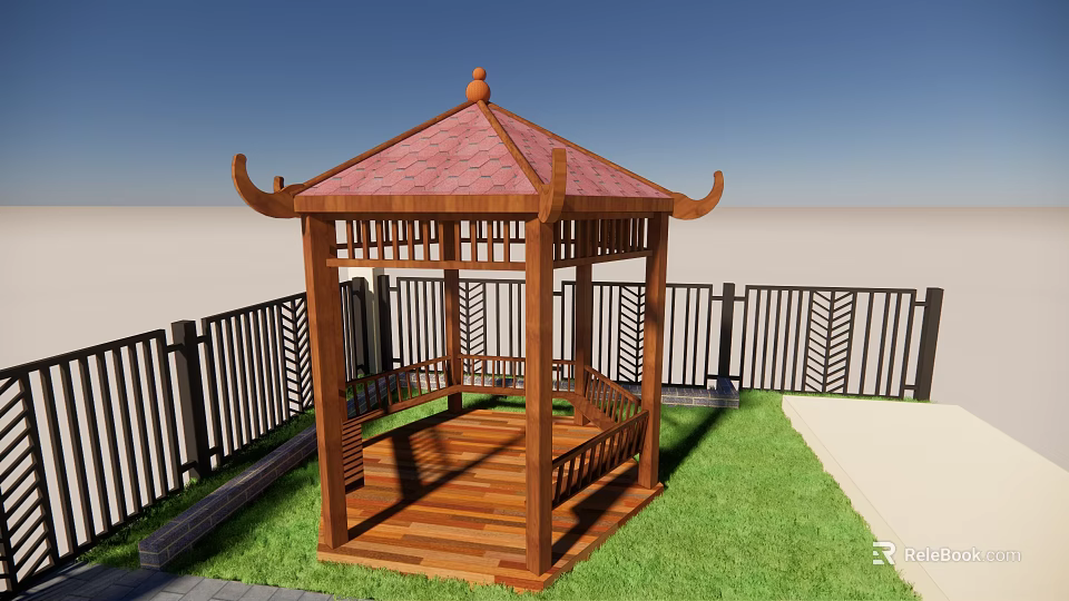 Traditional Wooden Pavilion With Red Tile Roof Surrounded By Green Lawn And Black Fence 3d model 