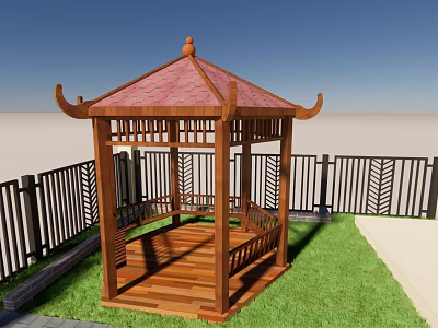 Traditional Wooden Pavilion With Red Tile Roof Surrounded By Green Lawn And Black Fence 3d model