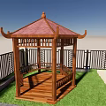 Traditional Wooden Pavilion With Red Tile Roof Surrounded By Green Lawn And Black Fence