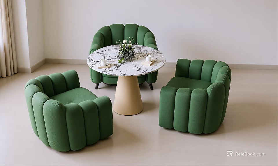 Modern Green Chairs And Round Marble Table Set With Beige Base And Decorative Flowers 3d model 