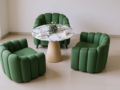 Modern Green Chairs And Round Marble Table Set With Beige Base And Decorative Flowers 3d model