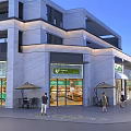 Modern Commercial Street With Multi Story Building Storefronts And Pedestrians Walking