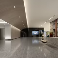 Modern Reception Desk In Lobby With Marble Counter Bookshelves And Spacious Corridor