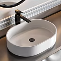 Modern Bathroom Vanity With Double Round Sinks Illuminated Oval Mirrors And Striped Cabinet
