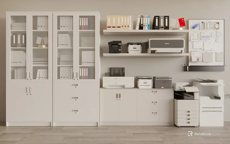Modern Office Appliances With White Filing Cabinets Printers Shelves And File Folders 3d model 