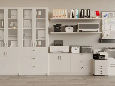 Modern Office Appliances With White Filing Cabinets Printers Shelves And File Folders 3d model